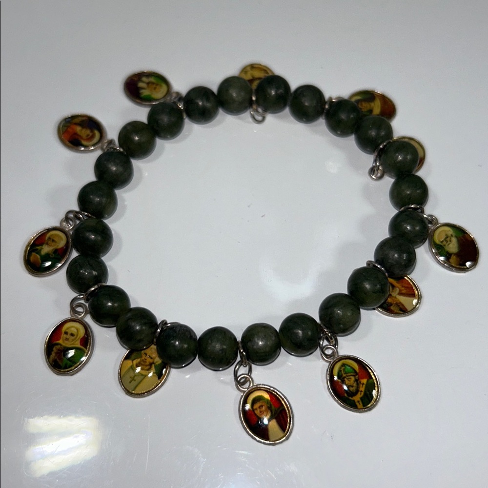 NWOT Genuine Gemstone Religious Icon Stretch Charm Bracelet